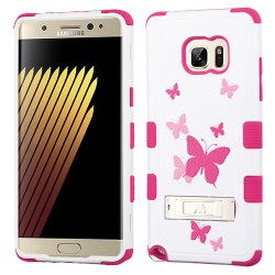 Funda Protector Triple Layer Uso Rudo Samsung Galaxy Note 7 Blanco Mariposas c/pie metalico